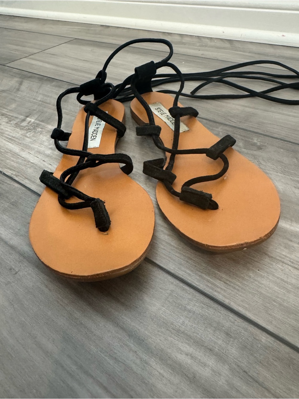 Steve Madden Black Lace-Up Suede-Strap Sandals with Tan Footbed